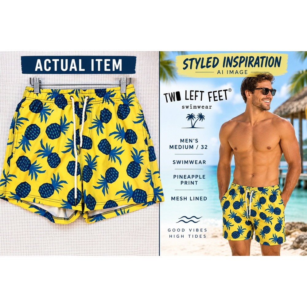 Two Left Feet Pineapple Swim Trunks Yellow Blue Men's Size Medium Coastal Vibes